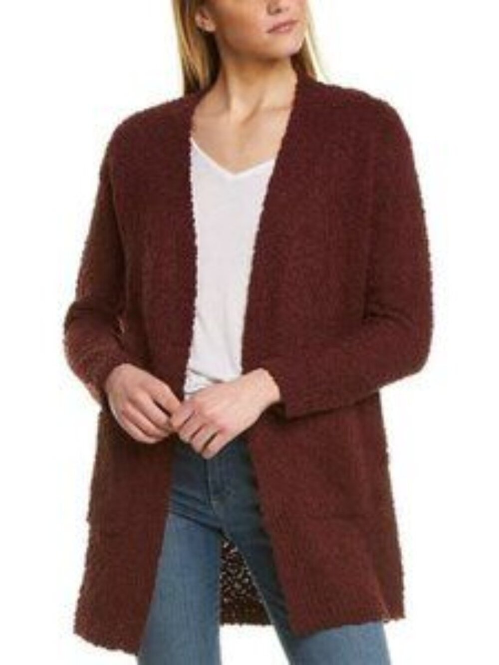 𝅺BOBBEAU BNWT Burgundy Boucle Cardigan Pockets - Picture 2 of 9